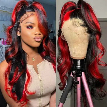 Highlight Red With Black 13X6 Lace Front Wig Human Hair Ombre Colored Vietnamses Body Wave Lace Frontal Closure Wigs Pre Plucked 1