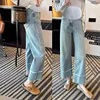 Plus Size Maternity Wide Leg Jeans for Spring, Stretch Straight Cut 9/10 Length Pants, Casual Pregnancy Denim Trousers 1