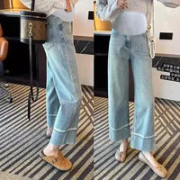 Plus Size Maternity Wide Leg Jeans for Spring, Stretch Straight Cut 9/10 Length Pants, Casual Pregnancy Denim Trousers 1