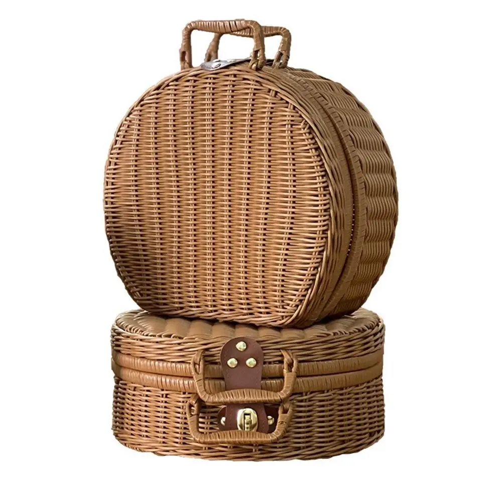 Round Wicker Suitcase Large Capacity Dust-proof Rattan Woven Luggage Box Handmade with Double Handle Sundries Organizer Outdoor 3