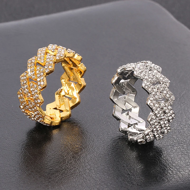 Iced Out Cuban Link Chain Ring for Men and Women, Gold Plated Bling, CZ Simulated Zircon, Hip Hop, Personalized Fashion