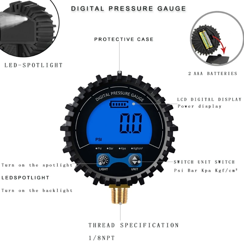 

Digital Gas Pressure Gauge Rang to 200psi Accuracy 1% .F.S. Powered Dropship
