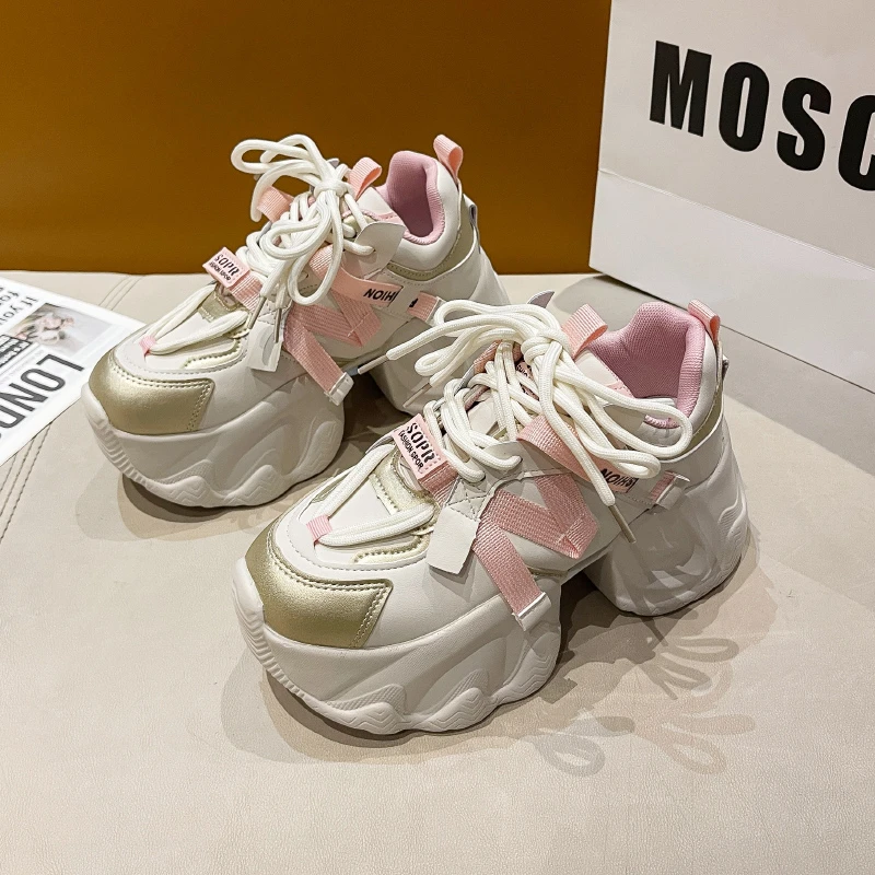 

2023 Women's Chunky Sneakers 6CM High Heels Platform Sports Shoes Woman Lace Up Thick Sole Leather Casual Shoes Zapatillas Mujer