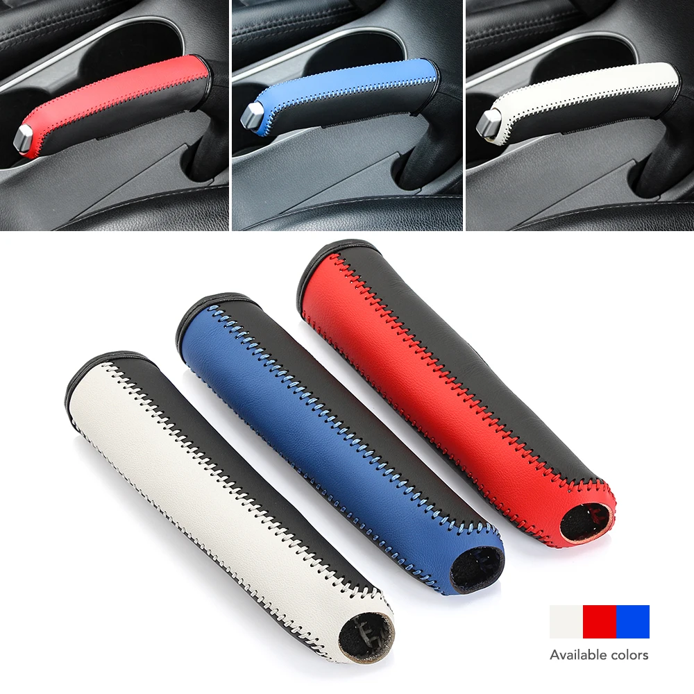 FEATUR Carbon Fiber Leather Car Handbrake Cover - Black With Red/Gray Stitching, Fits Ford Focus, Fiesta, Mondeo, Kuga, Ranger & More