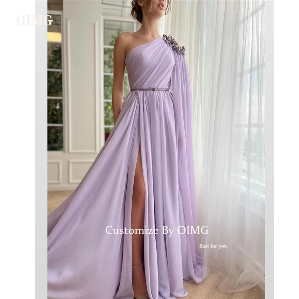 

OIMG Elegant Lavender Chiffon Long Prom Dresses Cape Sleeves Beads Pearls Split Evening Gowns Formal Occasion Party Dress 2023