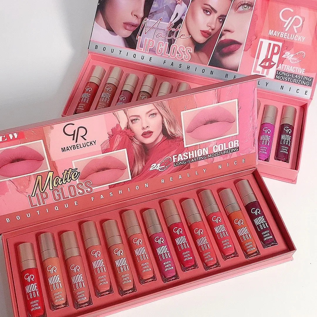 New 12PCS Lip Glaze Set Matte Mist Velvet Lip Gloss Set Long-Lasting Non-Stick Cup Non-Fading Lipstick Nude Liquid Lipstick