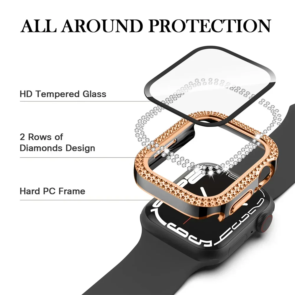 Diamond Cover For Apple watch Case 45mm 41mm 38mm 42mm 44mm 40mm Tempered Glass+Bumper Screen Protector series 9 8 7 6 5 4 3 SE