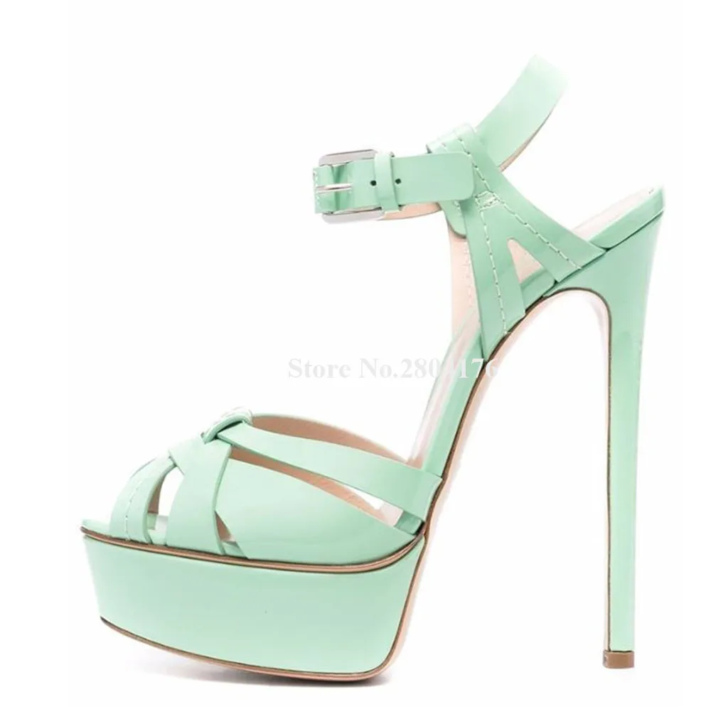 

Charming Light Green White Gold High Platform Thin Heel Sandals Peep Toe Straps Cross Patent Leather Stiletto Heel Dress Shoes