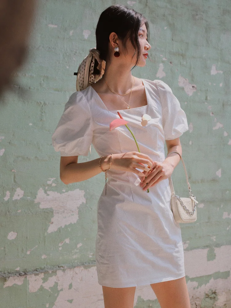 

Bella Same Square Neck Bubble Sleeve Pure Cotton Dress for Women