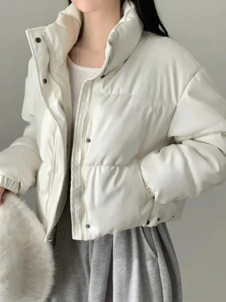 Chic Winter Thiened High Collar Loose PU Leather ort Bread Coat Zipper Cotton Jaet Women's Faionable Versatile Outerwear