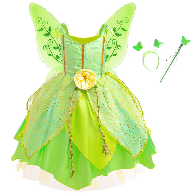 New Fairy Tinkerbell Princess Dress Wings For Girl Fancy Dress Up Costume Flower Green Leaf Fairy Elves Cosplay Clohting