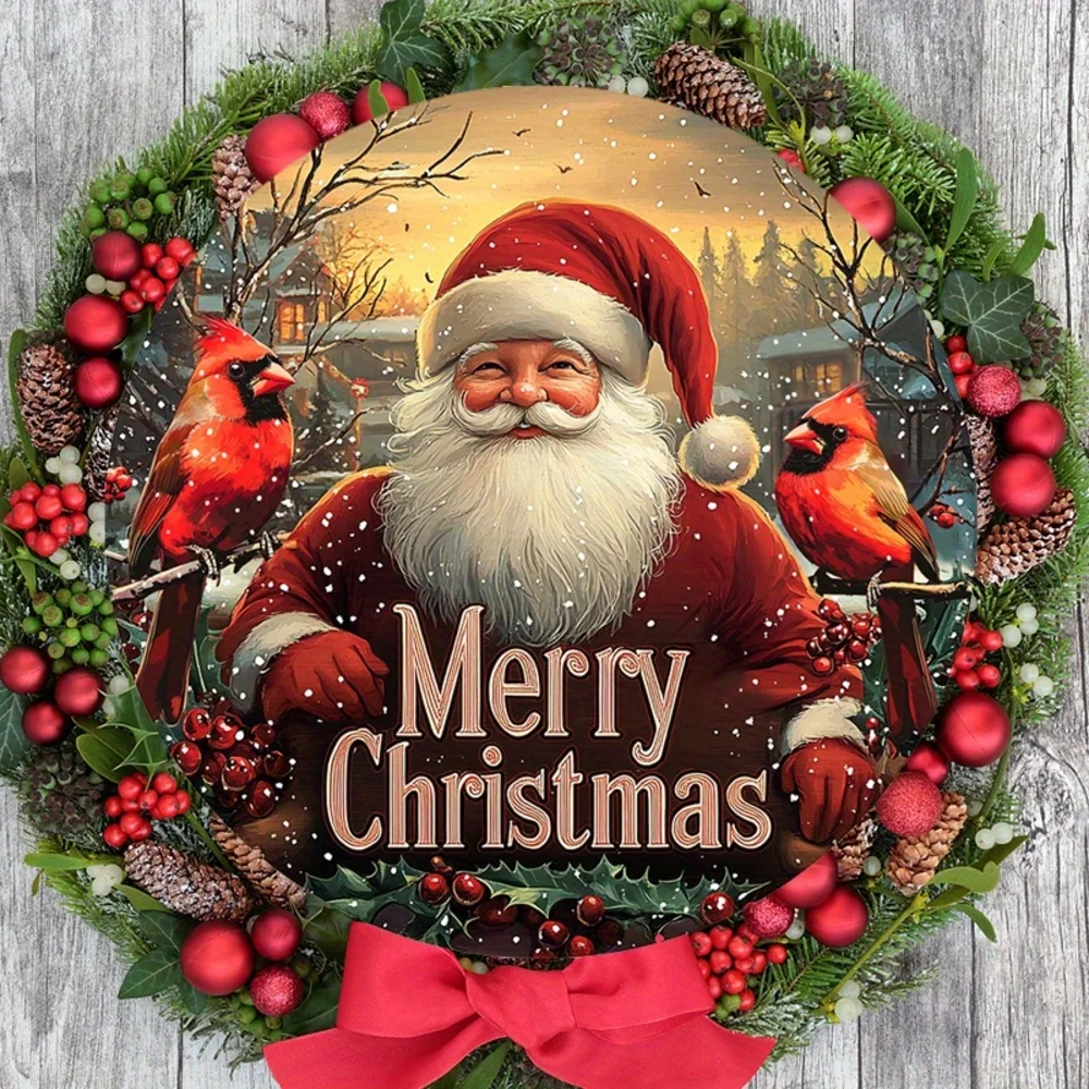 Christmas Cardinal Wooden Wreath Sign – Festive Hanging Santa Claus Holiday Door & Wall Decoration 3