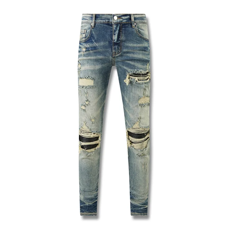 

American Style Heavy Industry Leisure High Street Distressed Leather Patch Washed and Distressed Slim Fit Elastic Jeans