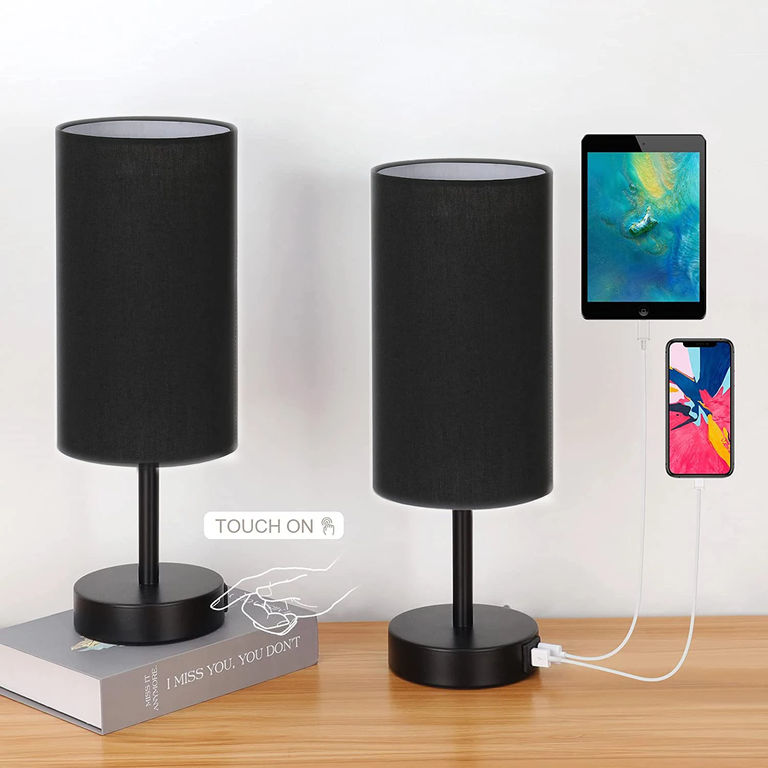 BedsideLampswith2USBPortsTouchControlTableLampEyesProtection