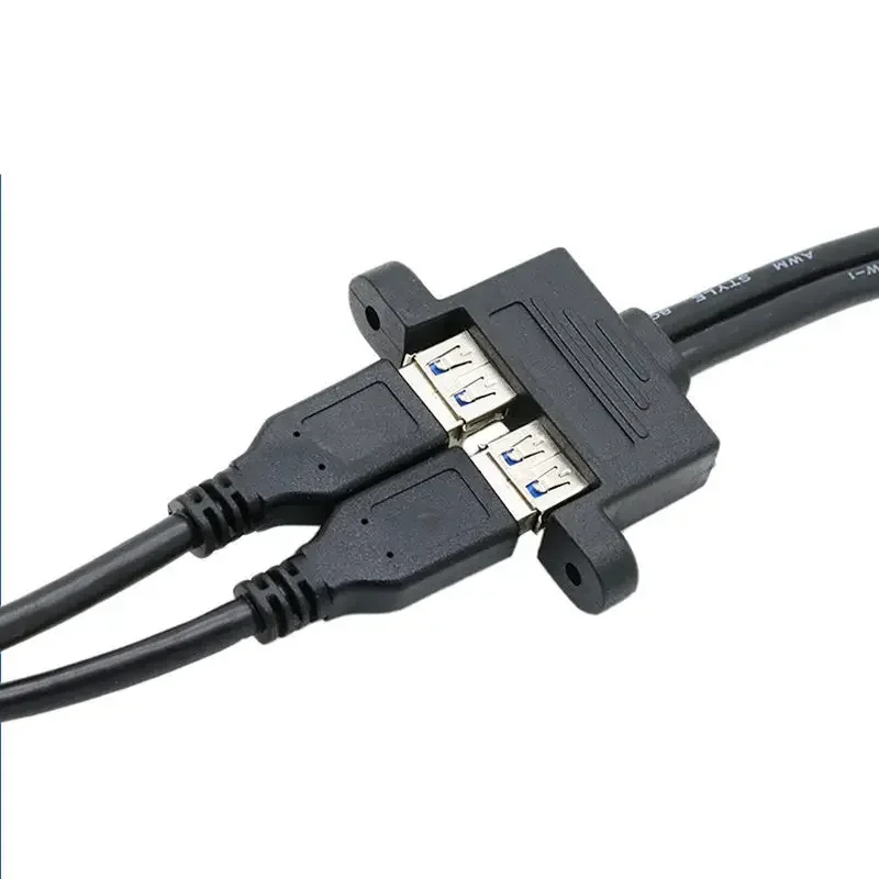 Dual USB Male to Female Twin Port Extension Cable with Panel Mounting and Screw Holes