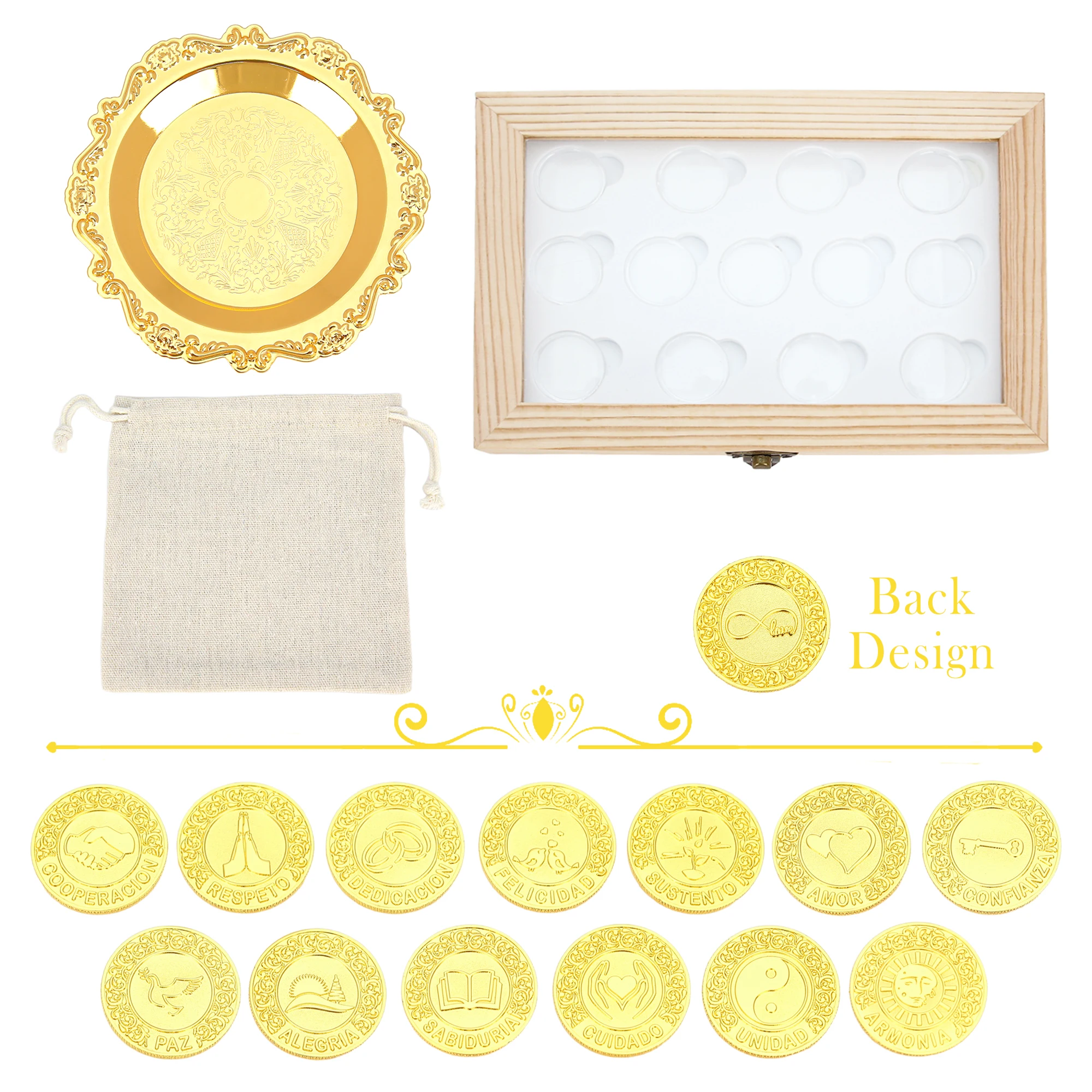 웨딩 유니티 코인 13단어 카톨릭 결혼 라스 아라스, 나무 상자 포함 웨딩 유니티 코인 세트, 결혼-Freehip.co.kr