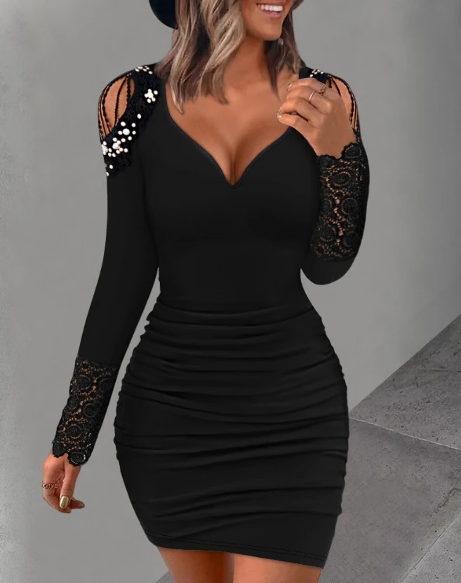 

Woman Casual Beaded Lace Patch Ruched Bodycon Dress Female Fashion Clothing New Women's Long Sleeve Skinny Mini Dresses