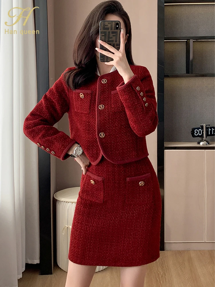 

H Han Queen New Autumn Winter Profession Set Women's Coat Crop Top And High Waist Pencil Skirts Korean Chic Office Skirts Suits