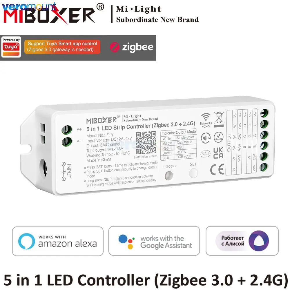 

Miboxer Zigbee контроллер 5 в 1 для светодиодной ленты, 3,0 + 2,4 г, два цвета, белый, RGB, RGBW, RGBCCT, ZL5, 12 В, 24 В постоянного тока, 2,4 ГГц, Wi-Fi, управление через приложение