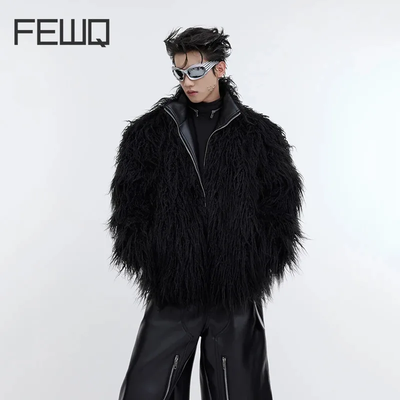 FEWQ Men's Fake Fur Leather Jackets Autumn Winter Solid Fur Thickened Coat Fashion Male Cotton Clothing Trend New 9C3054