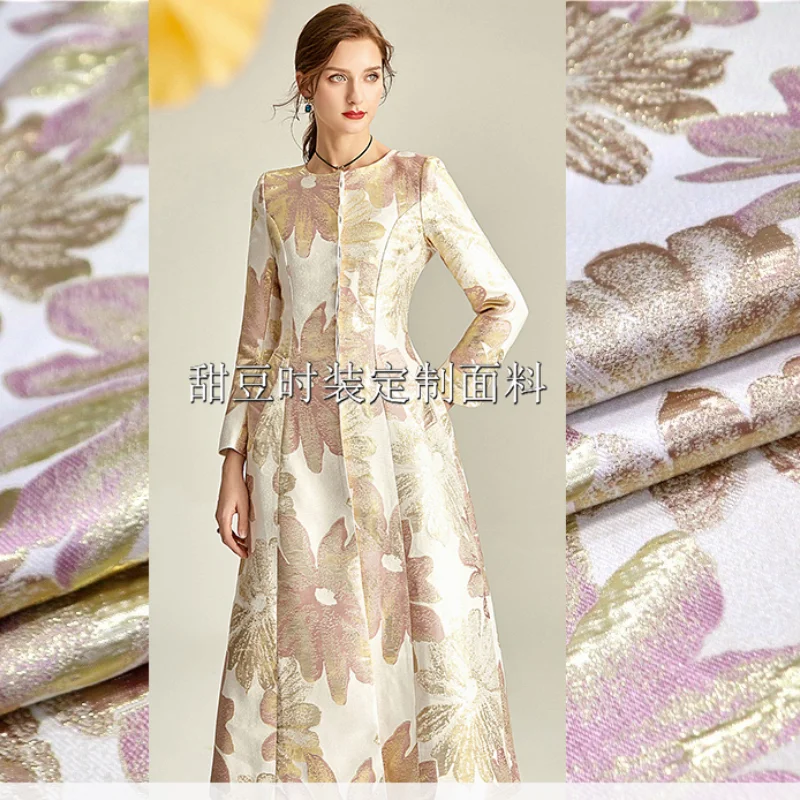 

Gold Yarn Dyed Jacquard Fabric Big Flower Dress Suit Coat Clothing European Brand Fashion Design Sewing Wholesale Cloth by Meter