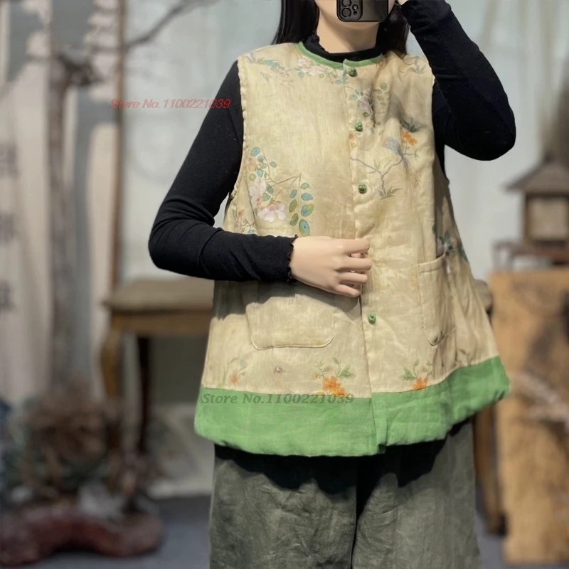 

2024 national ethnic vest chinese traditional flower print waistcoat vintage tang suit cotton-padded gilet sleeveless jacket
