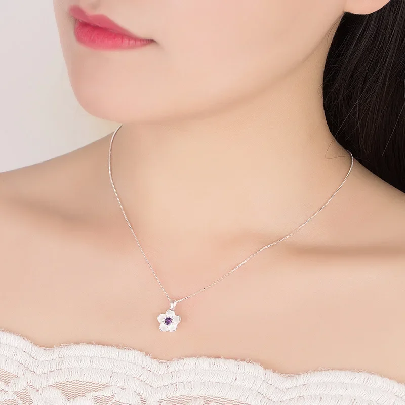 Elegant 925 Sterling Silver Blossom Necklace - Luxurious Pink & Purple Floral Design