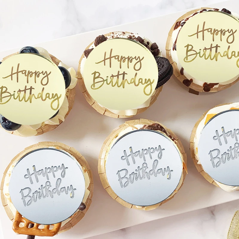 Toppers Cake 10pcs Acrylic Rose Gold Silver Happy Birthday Circle Cupcake Toppers Cake Decoration Birthday Party Dessert party decorations birthday party supplies cake topper cake decorations cake toppers