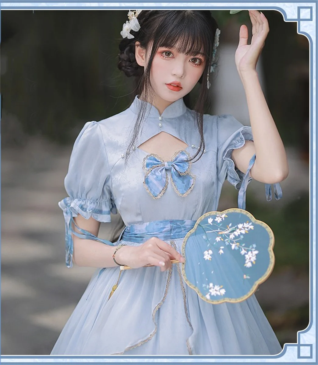 

Chinese Sweet Style Lolita Op Cute Girls Cosplay Elegant Gentle Pearls Ribbon Puff Sleeve Lace Bowknot Waistband Ruffle Dress