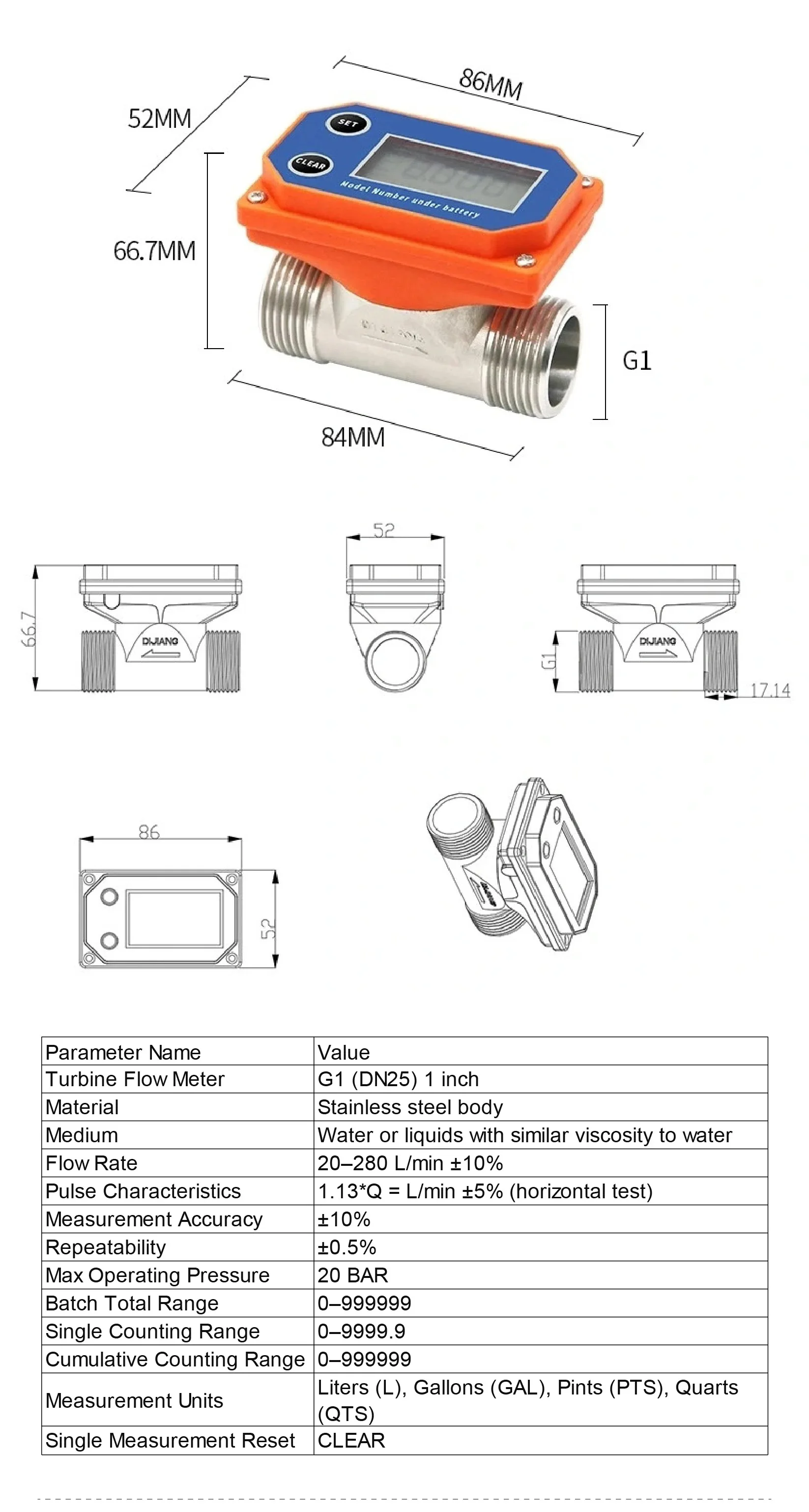 Intelligent Digital Flow Meter Stainless Steel Flowmeter LCD Display Electronic