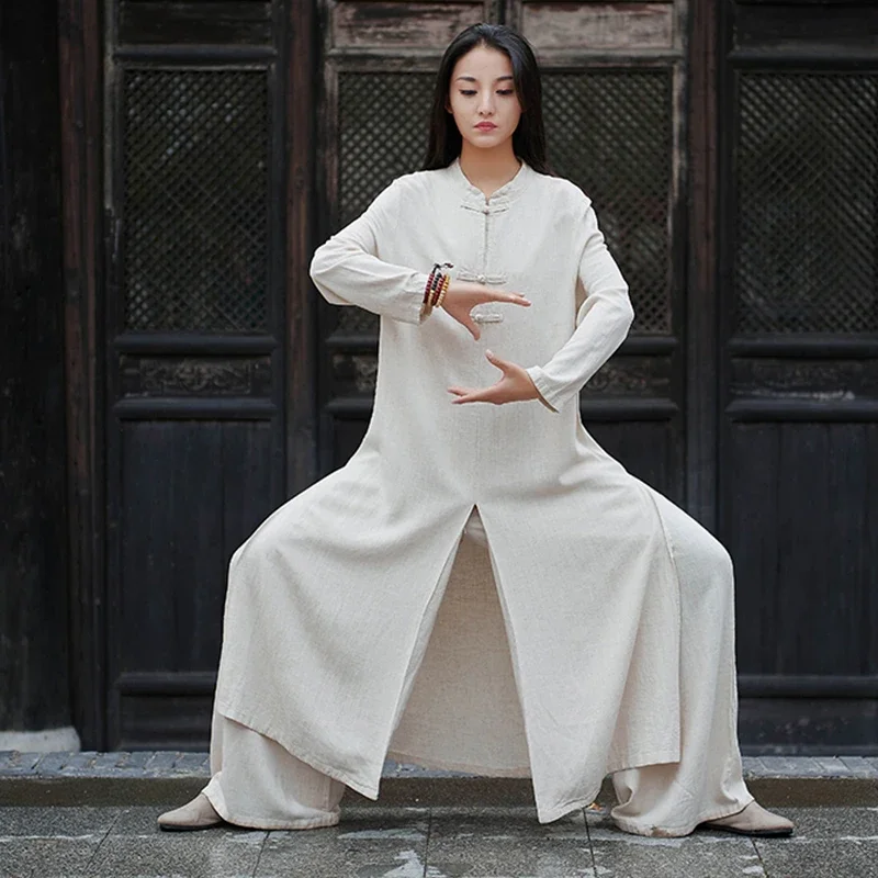 Women Chinese Traditional Tang Suit Cotton Linen Robe Pants 2pcs Set Wide Leg Trouser Long Kung Fu Tai Chi Uniform Set