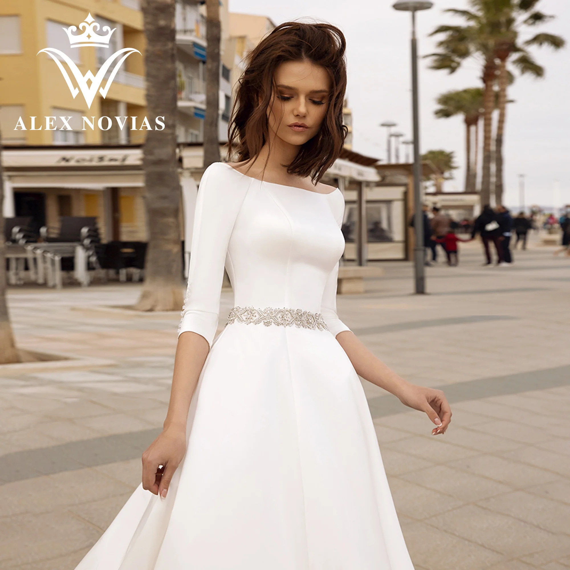 

Свадебное платье с коротким рукавом ALEX NOVIAS, атласное платье-трапеция цвета слоновой кости с глубоким круглым вырезом и поясом по индивидуальному заказу, 2023
