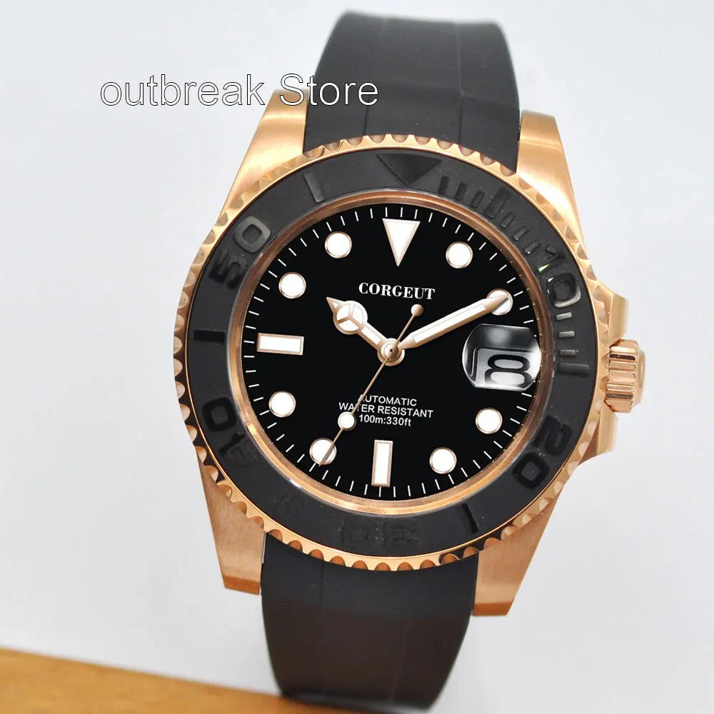 

Corgeut Fashion Japan 24 Jewels NH35 40mm Yacht Watch Rose Gold Automatic Men Watch Miyota YM Brushed Ceremic Bezel Rubber Band