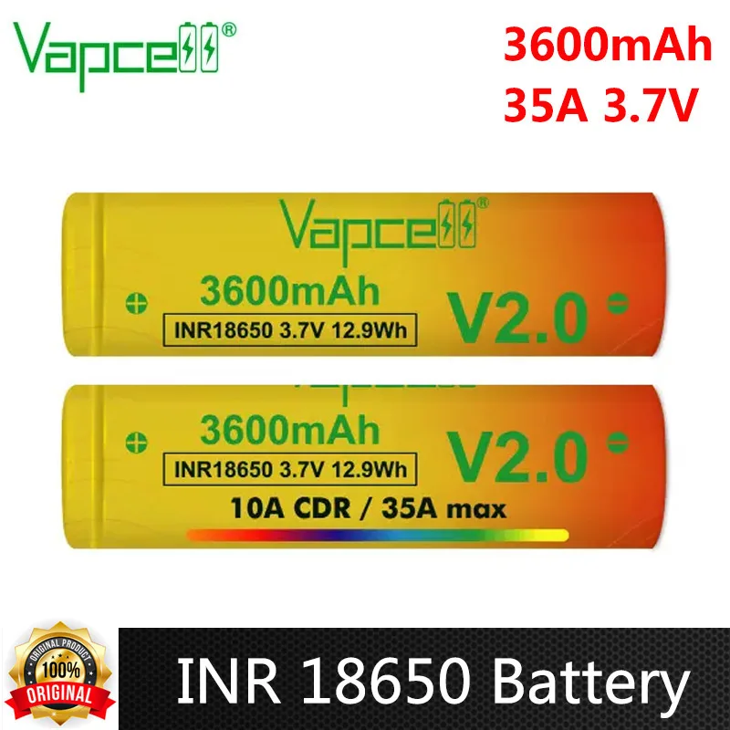 Bateria Li-ion Recarregável Vapcell Inr 18650 para Brinquedos Lanterna 3600mah Cdr 10a Max 35a 3.7v Alta Potência Original