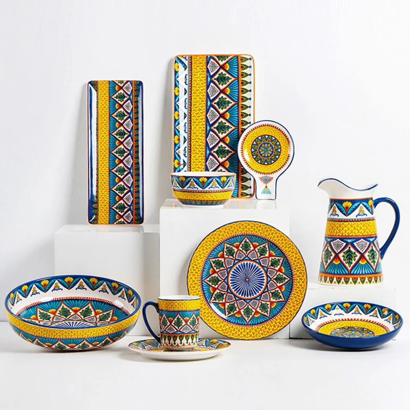 

Creative Hand-painted Ceramic Tableware Salad Bowl Steak Plate Household Rectangular Dishes Flat Plate Soup Bowl Water Cans Mug