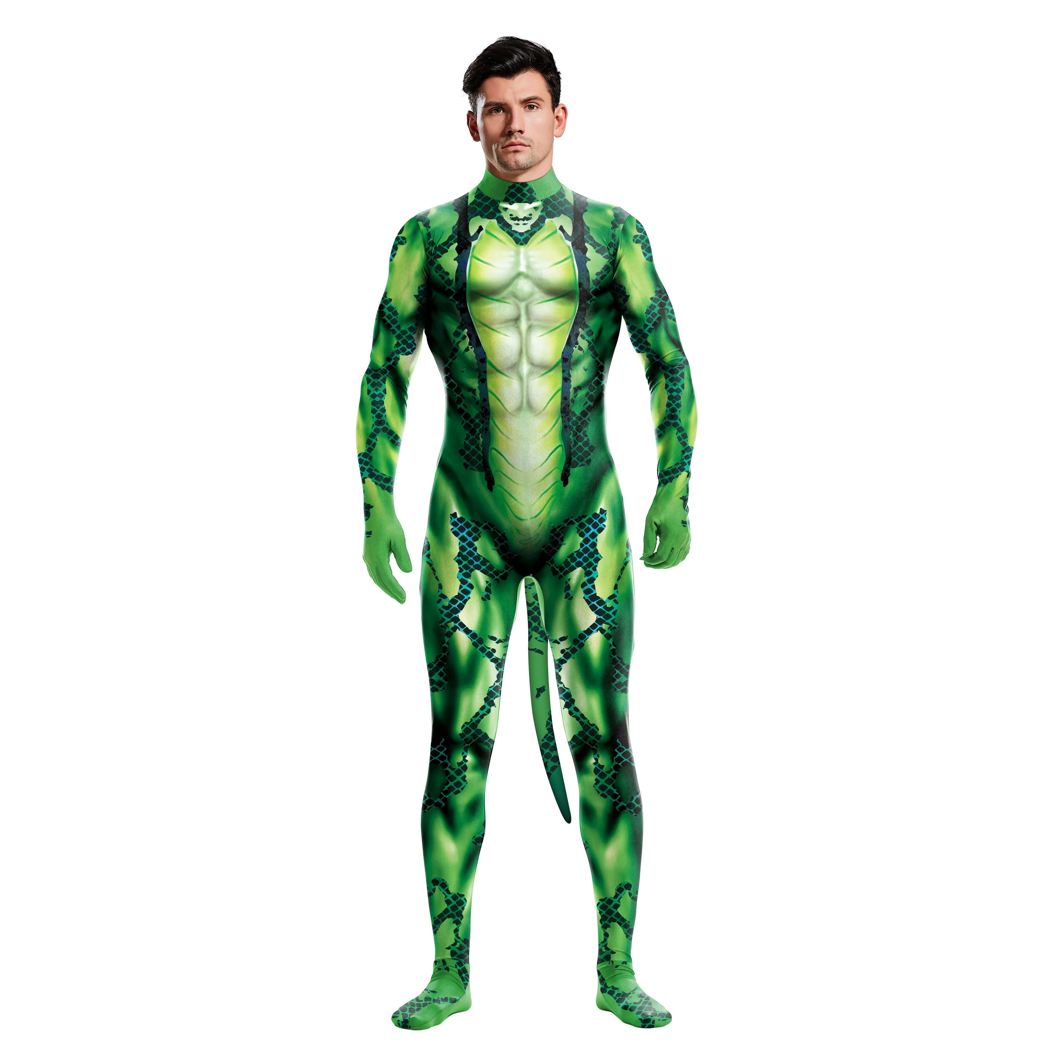 thumbnail image 1 of Mono de fiesta de Halloween para cosplayer de color, disfraz de serpiente verde, traje de gato con cola, mono de animal Zentai, atuendo deportivo, 1 of 5
