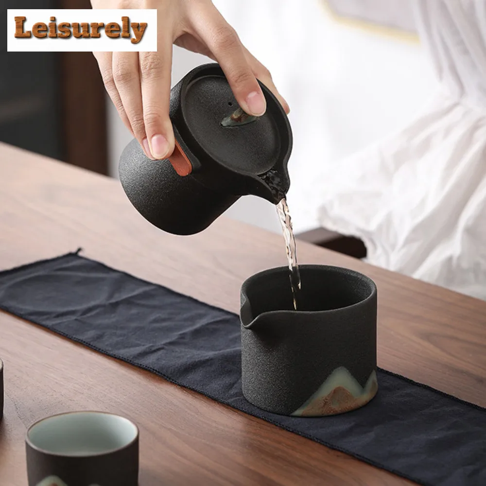 Japanese Hand-painted Mountain Tea Set Kit Vintage Coarse Pottery Set of Cups Teapot and Cups Tea Making Outdoor Portable Bags