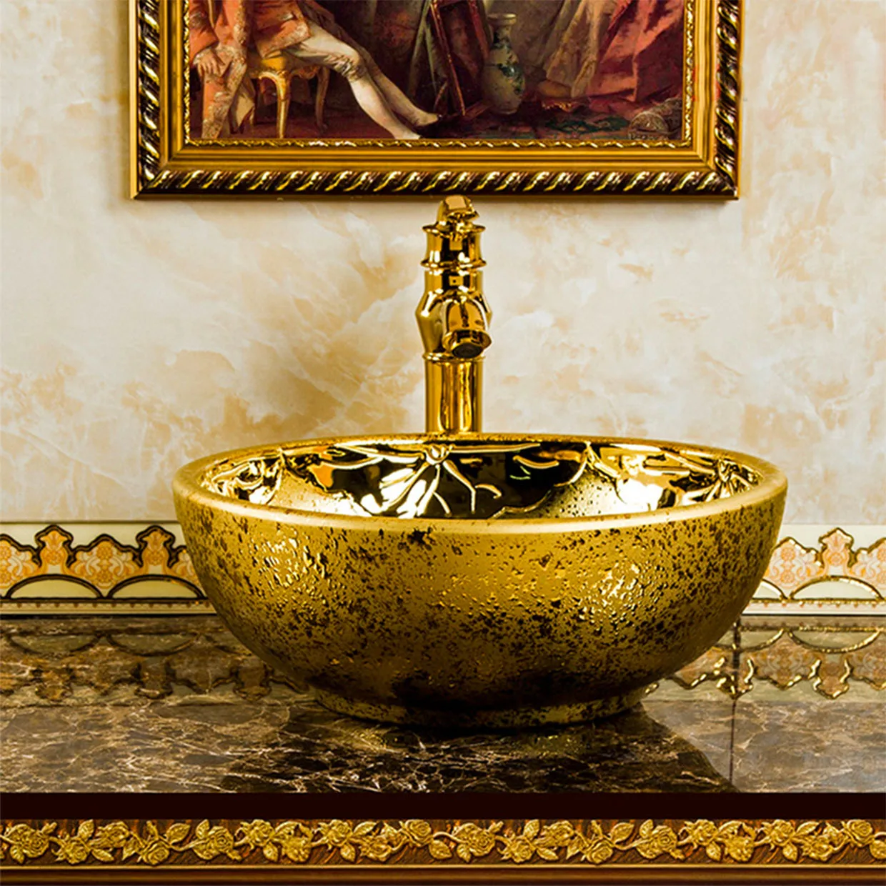 

Ceramic Countertop Sinks Electroplating Gold Silver Washbasin Carved Wash Basin Luxury Nordic Art Basin