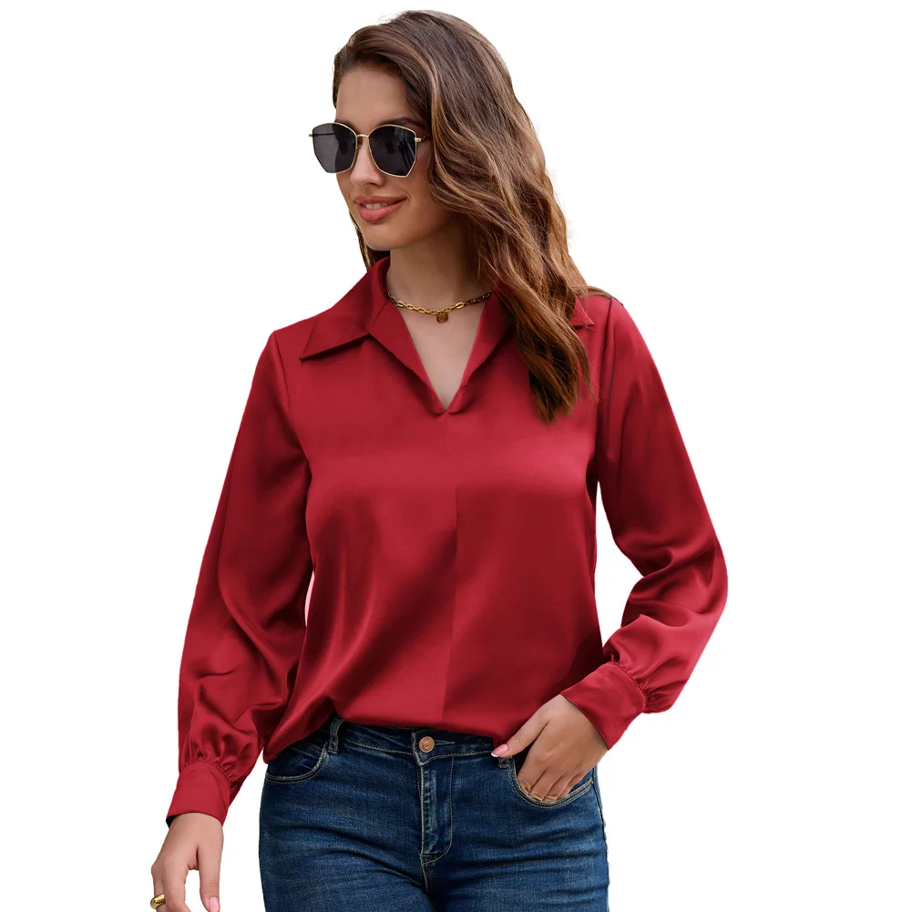 GK Women Lapel Collar Blouse Casual Loose Fit Comfy Long Sleeve V-Neck Tops Solid Office Lady Fashion Shirts Women Clothing