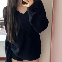FA656 2024 Autumn and Winter New Women's Loose V-neck Black Sweater Lazy Style Temperament Versatile Pullover Knitted Sweater 1
