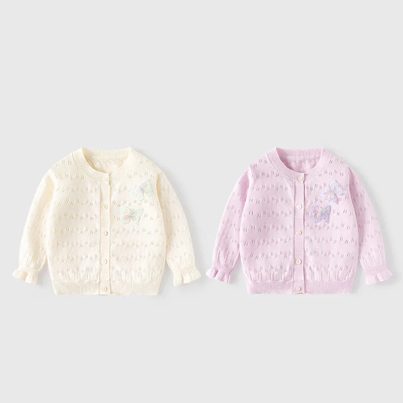 Autumn Baby Girl Air-conditioned Shirt Butterfly Hollow Little Girls Cardigan Solid Color Elastic Hem Toddler Girl Knitwear