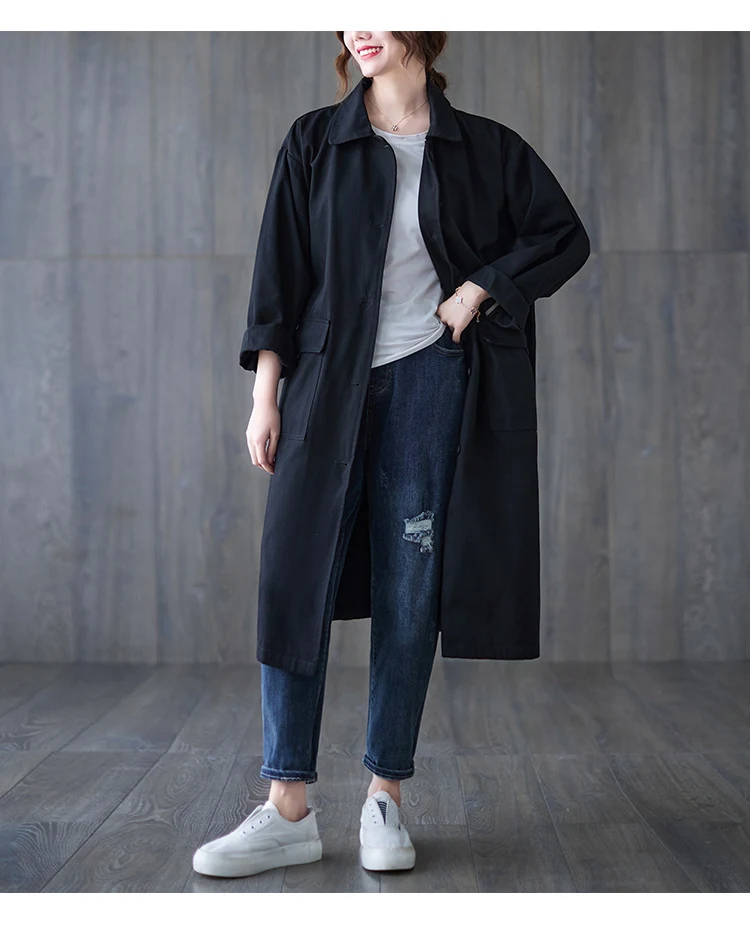 2023 Autumn New Loose Trench Coat Women Single Breasted Windbreaker Simple Casual Khaki Black All-Match Cardigan Outerwear Femal