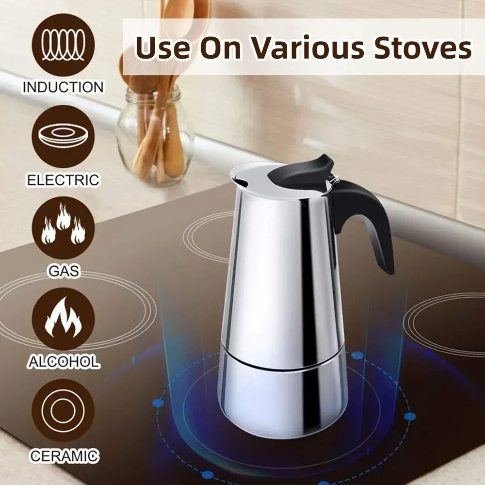 Coffee maker Moka Pot 2/4/6 Cups Stainless Steel Fit Induction Cookers