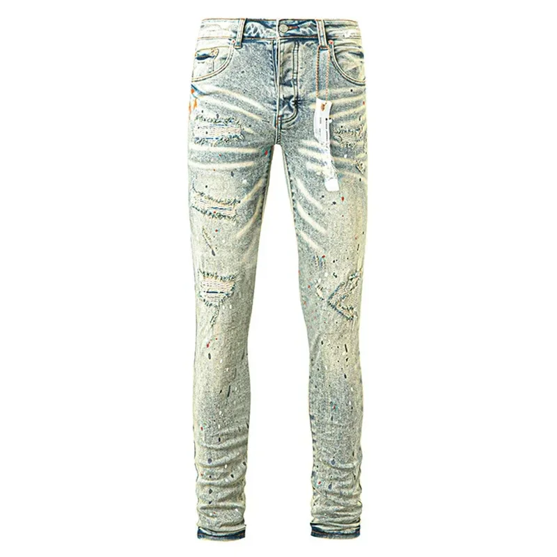 

New Fashion 2024 Purple ROCA Brand jeans trend hole dirty washed straight American Stylish and slim pants