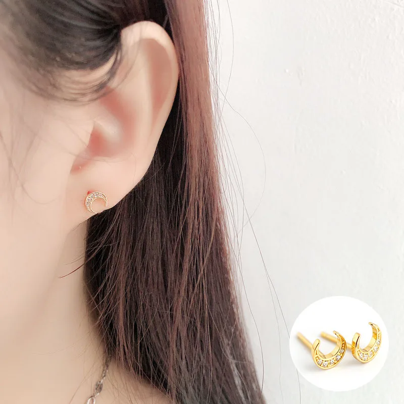 

100% 925 Sterling Silver Gold Zircon Moon Earrings for Women Girl Punk Fashion Versatile Jewelry Birthday Gift Dropshipping