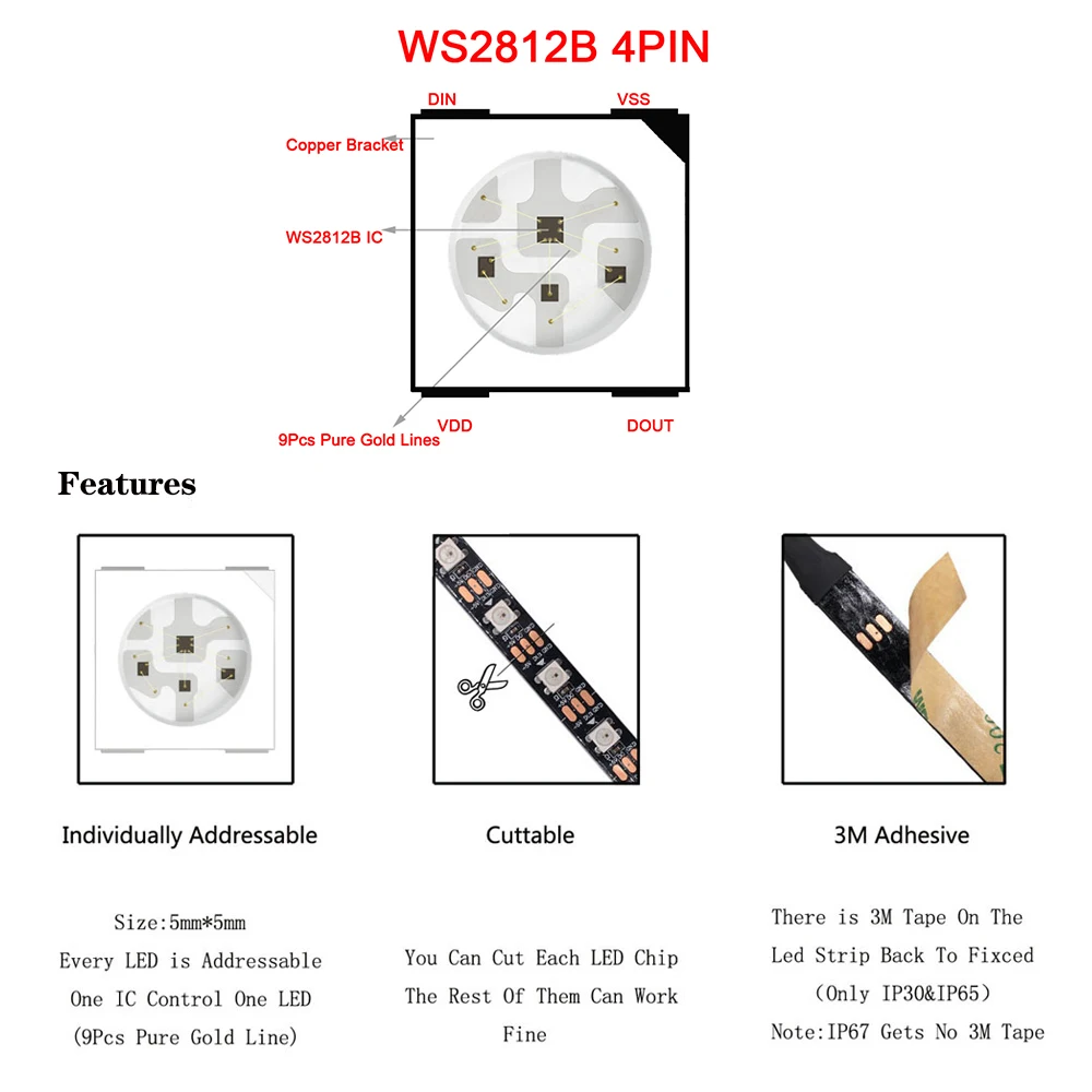 WS2812B Led , dc 5v, WS2812, RGB Led Ʈ ,  ٷ  ִ Ʈ ȼ,  Ʈ,  ȭƮ PCB, IP30, 65, 67