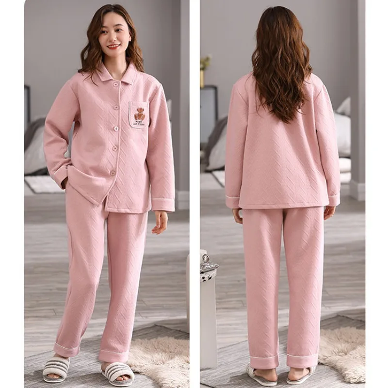 2023 New Pajama Woman Winter Thickened Pure Cotton Three-layer Thin Sandwich Cotton Loungewear Middle-aged Autumn Warm Homewear