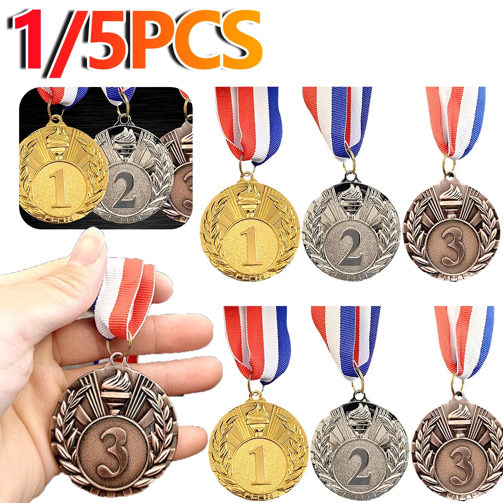 1/5pcs Zinc Alloy Round Winner Medals with Neck Ribbon Students Rewards Competition Medals 1st 2nd 3rd Gold/Silver/Bronze Medal