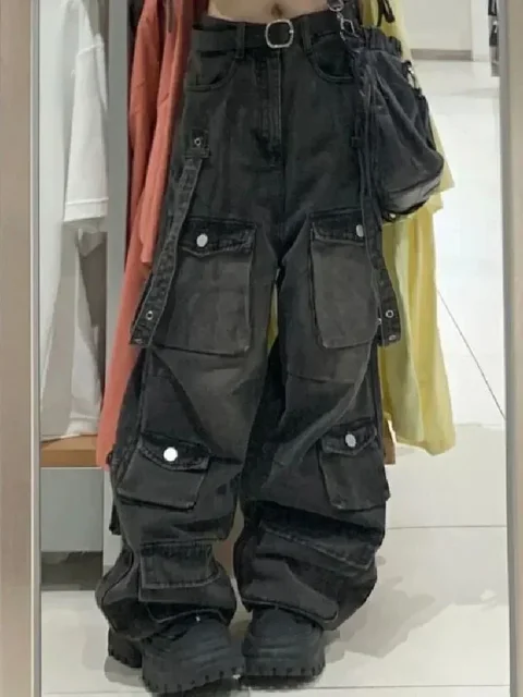 Y2K 이모 한국 여성 블랙 빈티지 스트리트웨어 카고 바지