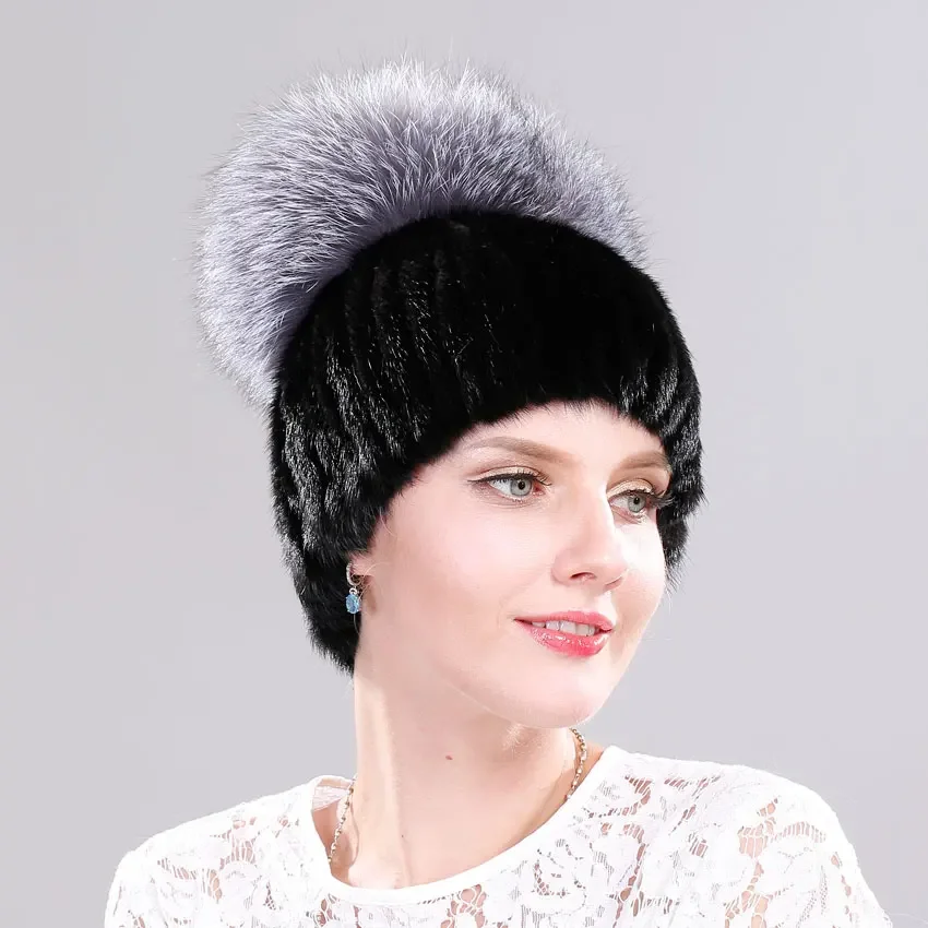 

Real Mink Fur Hat for Women Winter Mink Fur Beanies with Luxury Big Pompom Fox Fur Ball Caps Female Genuine Fur Knitted Bonnets